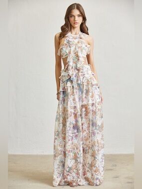 elegant dress sleeves Isabeau Sheer Embellished Long Sleeve Evening Gown in Almond main image 1